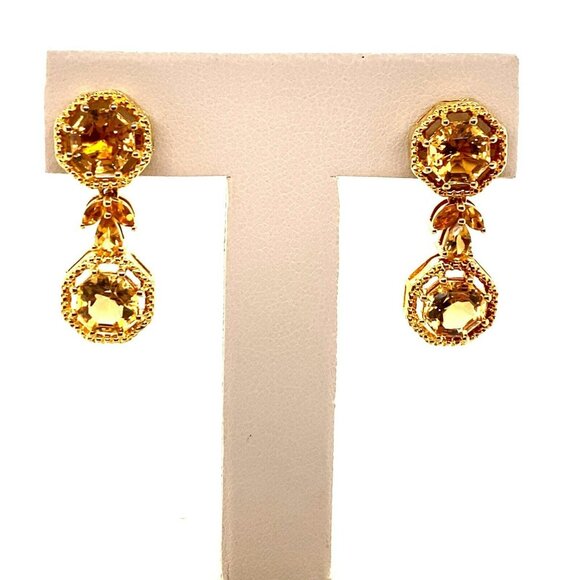 Designer FARA Gold Plate Sterling‎ Silver & Hexagon Cut Citrine Dangle Earrings - Picture 1 of 7